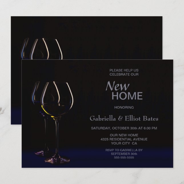 Black Blue Housewarming Wine Glass Party Invitation (Front/Back)