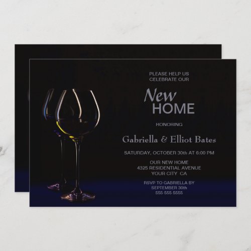 Black Blue Housewarming Wine Glass Party Invitation