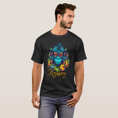 Black Blue Illustrated Monkey T_Shirt 