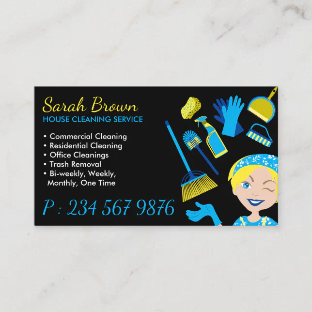 Black Blue Janitorial Gloved Apron Maid Business Card 