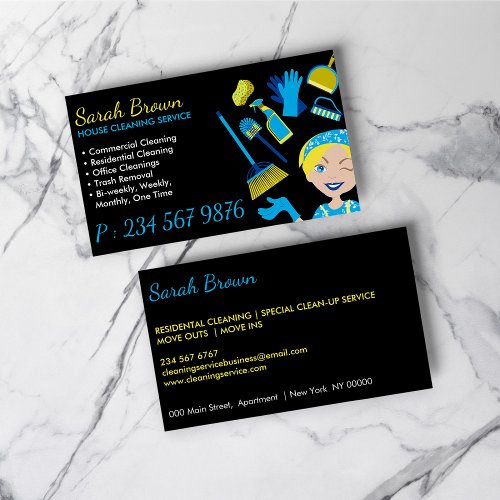 Black Blue Janitorial Gloved Apron Maid Business Card