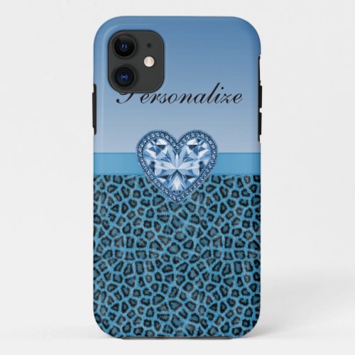 Black  Blue Leopard Print  Bling Heart iPhone 11 Case