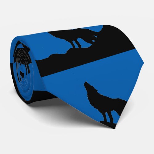 Black Blue Lone Wolf Standing on a Hill Silhouette Tie