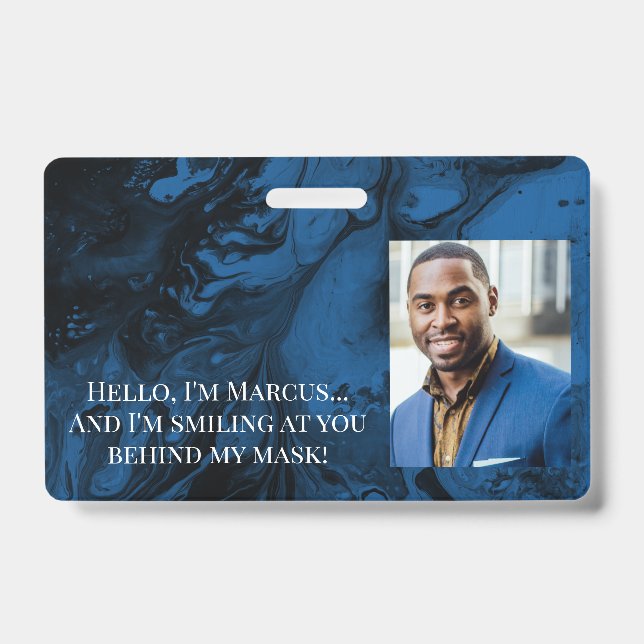 Black & Blue Marble Hello Behind the Mask Badge (Front)