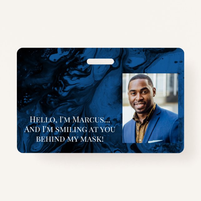 Black & Blue Marble Hello Behind the Mask Badge (Front)