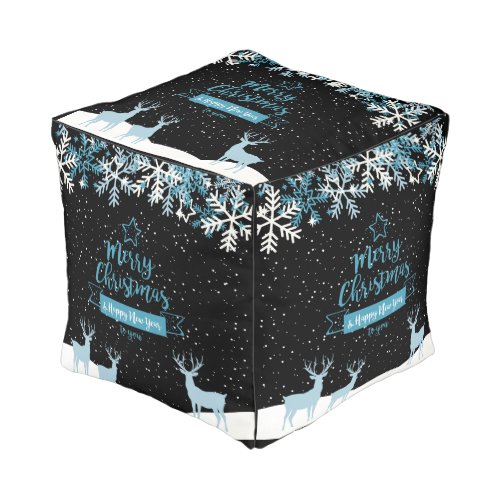 Black Blue Merry Christmas Cube Pouf