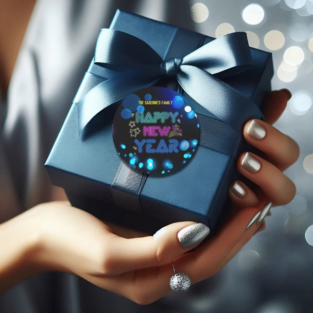 Black & Blue Midnight Sparkle Neon Glow New Year  Classic Round Sticker (Creator Uploaded)