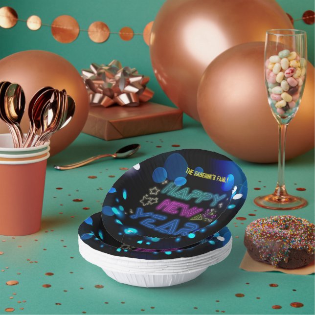 Black & Blue Midnight Sparkle Neon Glow New Year  Paper Bowls (Multi)