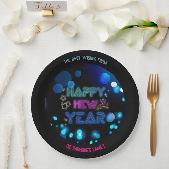 Black & Blue Midnight Sparkle Neon Glow New Year  Paper Plates (Wedding)