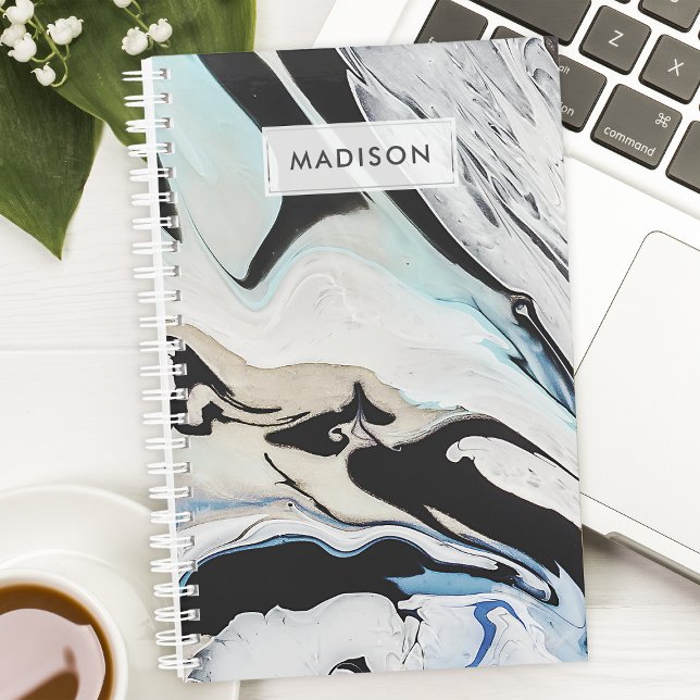 Black Blue Modern Liquid Ink Marble Personalized Planner (Creator Uploaded)