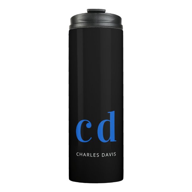 Black blue monogram initials name thermal tumbler (Front)