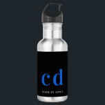 Black blue monogram name modern  stainless steel water bottle<br><div class="desc">A classic black background. Blue and white colored text. Personalize and add your monogram initials and your name. For both him and her.</div>