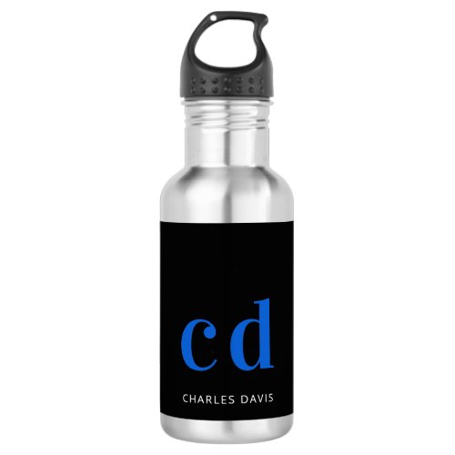 Black blue monogram name modern  stainless steel water bottle