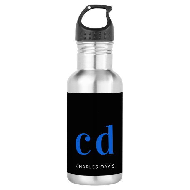 Black blue monogram name modern  stainless steel water bottle (Front)