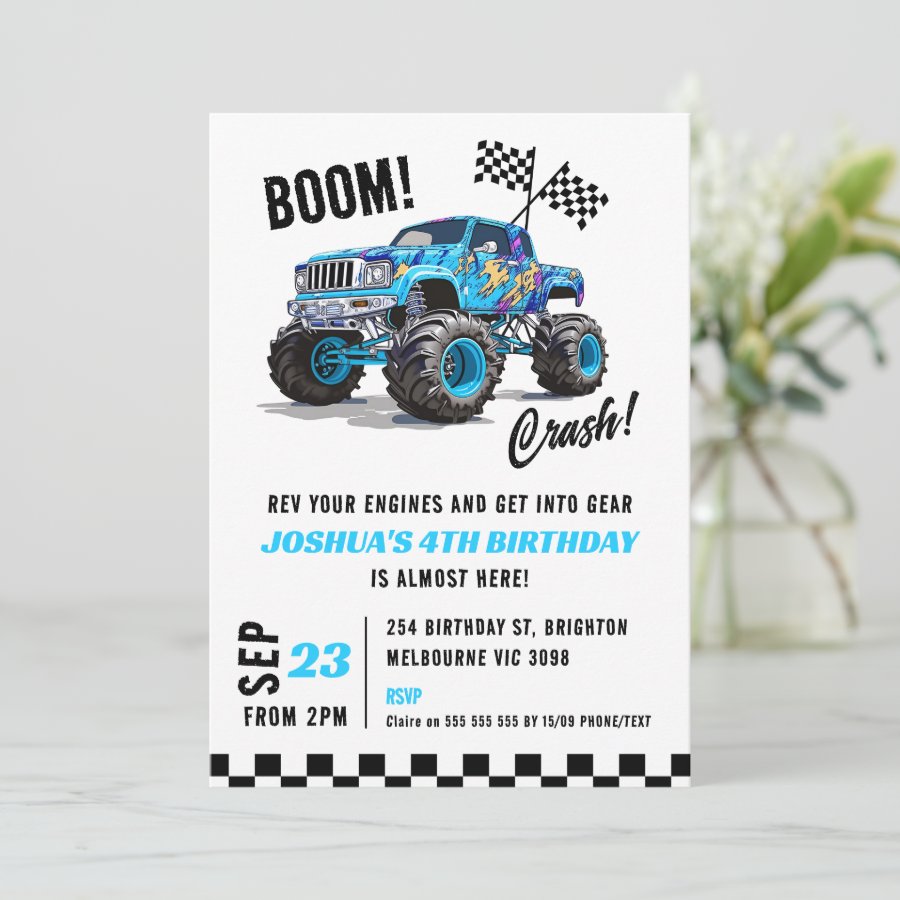 Black Blue Monster Truck Birthday Invitation