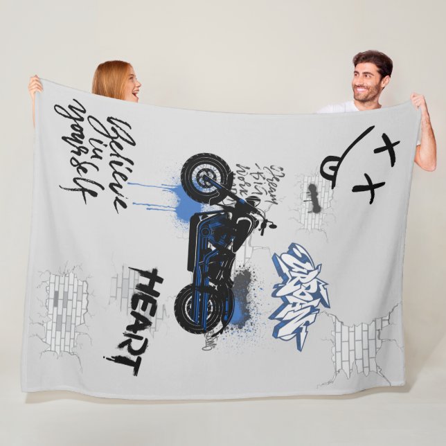 Black & blue motorbike graffiti gray fleece blanket (In Situ)