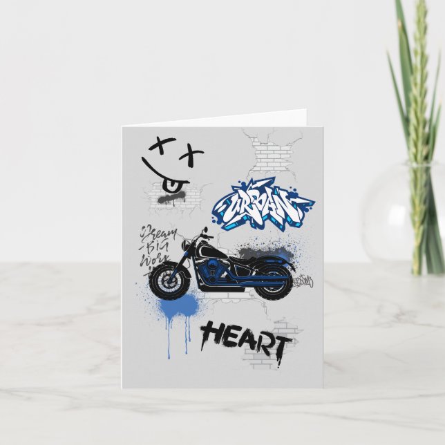 Black & blue motorbike graffiti gray invitation (Front)