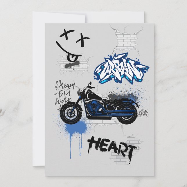Black & blue motorbike graffiti gray invitation (Front)