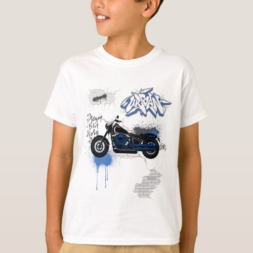 Black  blue motorbike graffiti gray T_Shirt