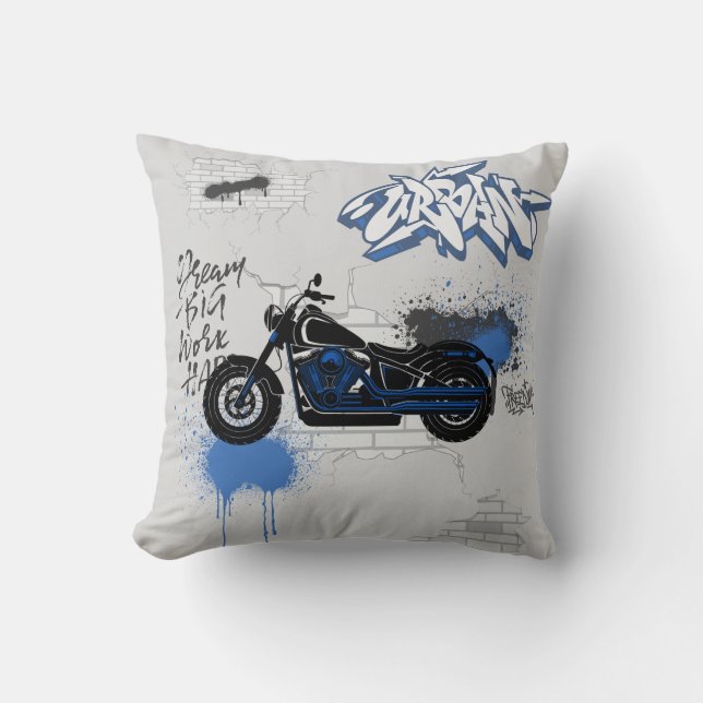 Black & blue motorbike graffiti gray throw pillow (Front)