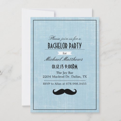 Black  Blue Mustache Bachelor Party Invitation