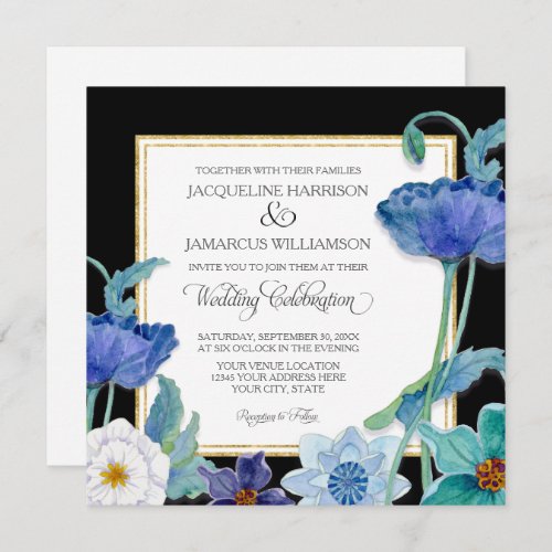 Black Blue n White Watercolor Floral Poppy Simple Invitation