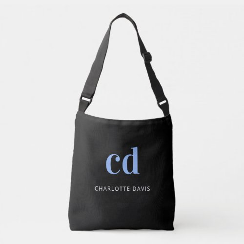 Black blue name monogram elegant modern crossbody bag
