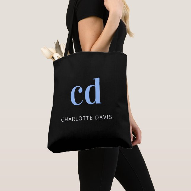 Black blue name monogram elegant modern tote bag (Close Up)