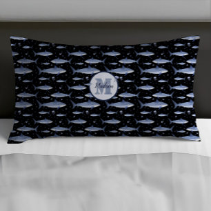 Black & Blue Name + Watercolor Monogram Shark Pillow Case
