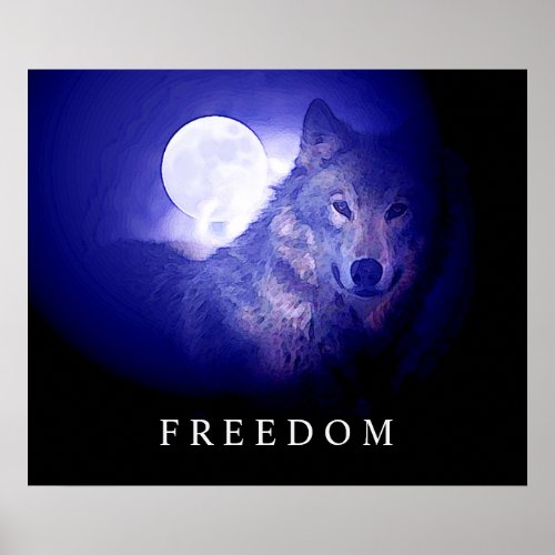 Black Blue Night Freedom Wolf Head Fullmoon Poster