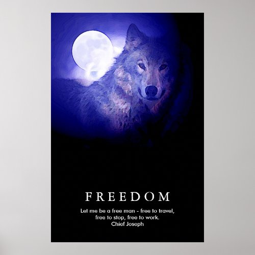 Black Blue Night Wolf Fullmoon Freedom Poster