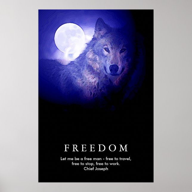 Black Blue Night Wolf Fullmoon Freedom Poster (Front)