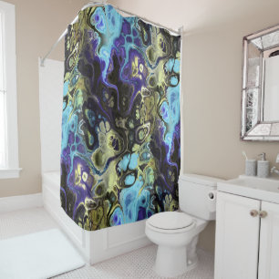 Black, blue, olive green abstract tie dye marble shower curtain