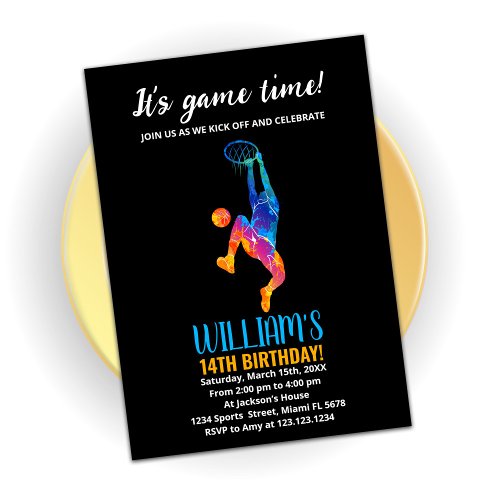 Black Blue Orange Basketball Birthday Invitations