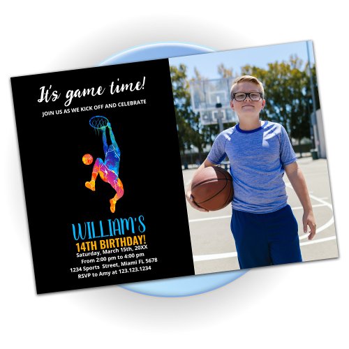 Black Blue Orange Basketball Birthday With Photo Invitation