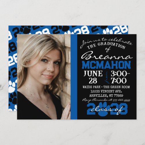 Black  Blue Paw Print Graduation Photo Invitation