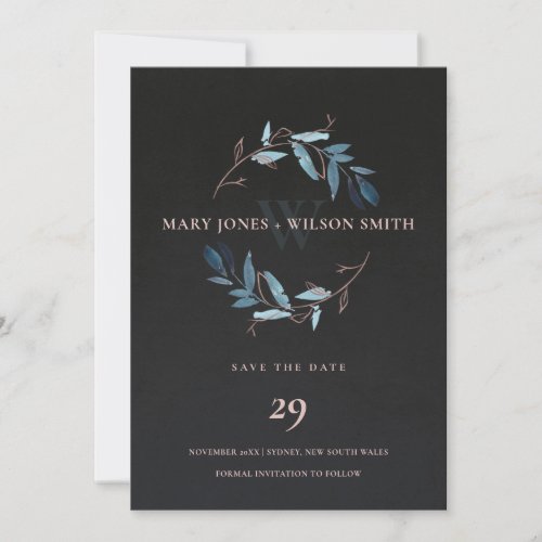BLACK BLUE PINK FOLIAGE WREATH SAVE THE DATE CARD