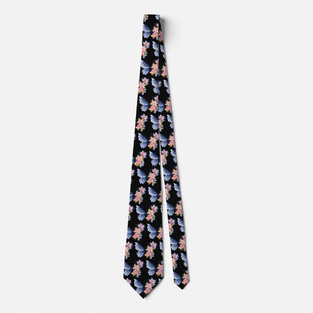 Black Blue Pink Gold Rose Butterfly Pattern Neck Tie (Front)