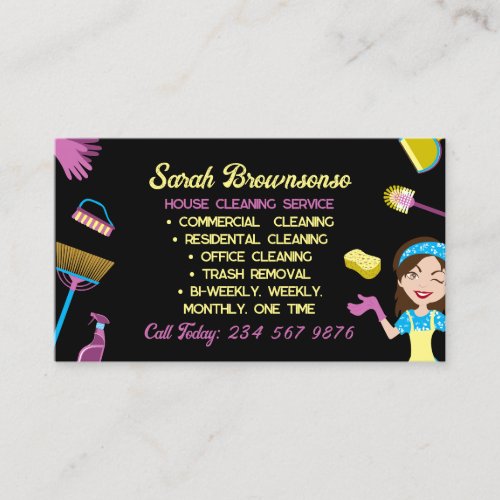 Black Blue Pink Housekeeper cleaning Janitorial Business Card