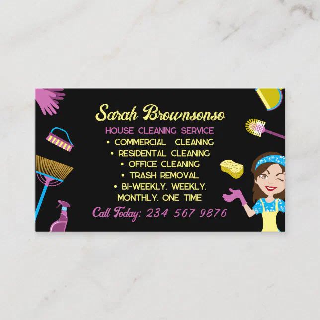 Black Blue Pink Housekeeper cleaning Janitorial Business Card | Zazzle