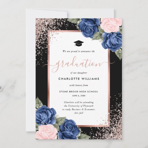 Black Blue Pink Rose Gold Floral Photo Graduation Announcement