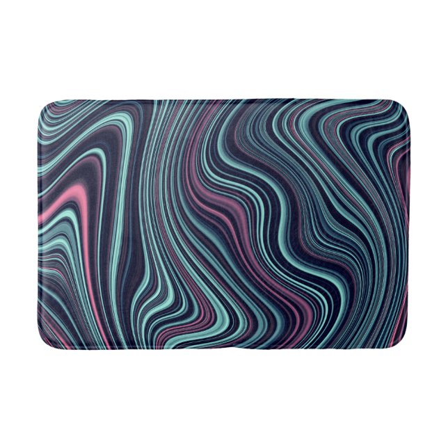 Black Blue Pink Wavy Marbling Agate Abstraction Bath Mat (Front)