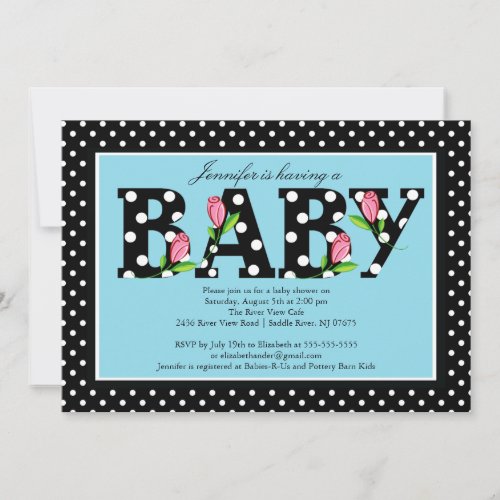 Black Blue Polka Dot "baby" Boy Baby Shower Invite