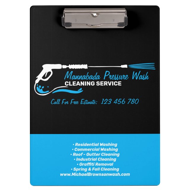 Black Blue Pressure Washing Water Spray Clipboard (Front)