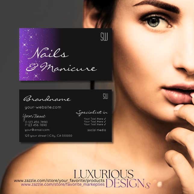 Black Blue Purple Glitter Stars with Monogram Chic Business Card (Creator Uploaded)