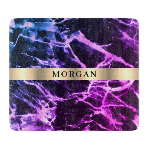 Black Blue  Purple Marble Name on Gold Band Cutting Board
