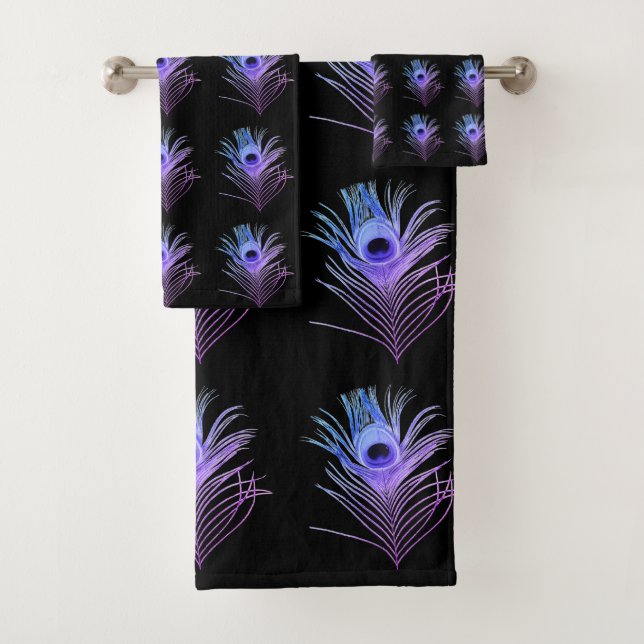 BLACK BLUE PURPLE PEACOCK FEATHER TOWEL SET (Insitu)