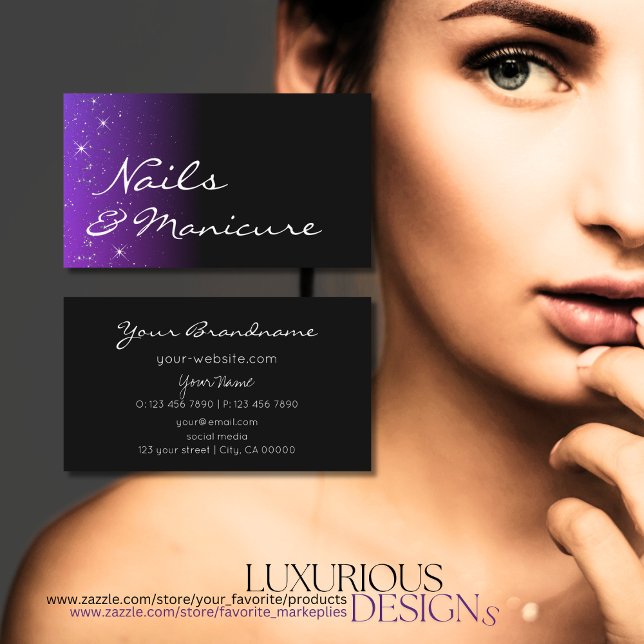 Black Blue Purple with Glitter Stars Professional Business Card (Creator Uploaded)