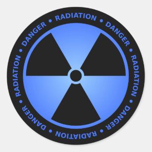 Black & Blue Radiation Symbol Sticker w/ Text