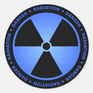 Black & Blue Radiation Symbol Sticker w/ Text